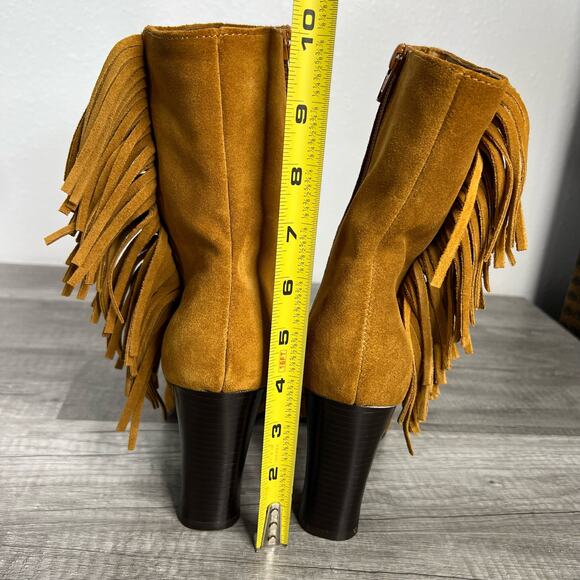 90s Fringe Square Toe Heeled Boots Tan Suede Western Predictions 7 1/2 - Picture 9 of 11